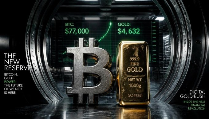A promotional graphic titled 'THE NEW RESERVE' shows a metallic Bitcoin symbol and a 999.9 Fine Gold bar (1000g) in front of a vault door, with a chart displaying BTC at $77,000 and GOLD at $4,632, labeled 'DIGITAL GOLD RUSH - INSIDE THE NEXT FINANCIAL REVOLUTION.'