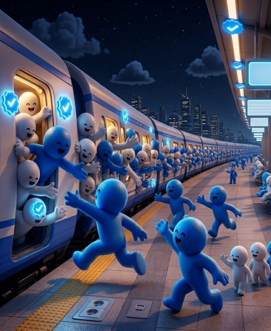 A 3D cartoon illustration shows blue and white smiling figures excitedly boarding and running alongside a sleek train at a nighttime station, with glowing blue verification checkmark icons floating above them.