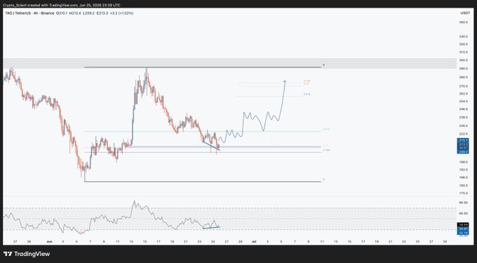 A 4-hour candlestick chart of $TAO (Bittensor) on Binance shows the price at 213.4, down +3.2 (+1.52%), with Fibonacci retracement levels drawn from the 270.7 high to the 190.3 low, highlighting the 202.5 OTE zone where the price currently sits. An oscillator at the bottom shows a bullish divergence, aligning with the post's observation of downside exhaustion.