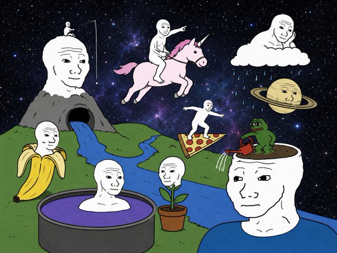 A surreal digital illustration depicts multiple instances of a "wojak" or neutral-faced character in whimsical scenarios—fishing from a volcano, riding a pink unicorn through space, floating on clouds, surfing a pizza slice, and bathing in purple water—alongside Pepe the Frog, a Saturn-like planet with a face, and a banana, set against a starry cosmic backdrop. The caption "gn friends" (good night) matches the dreamy, late-night surrealist vibe of the "wojak friends" meme compilation.