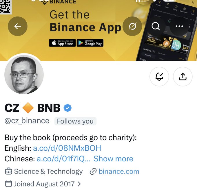 A Twitter/X profile page displays the verified handle '@cz_binance' (CZ, BNB) under the Binance app header, promoting a book with proceeds going to charity through Amazon links.