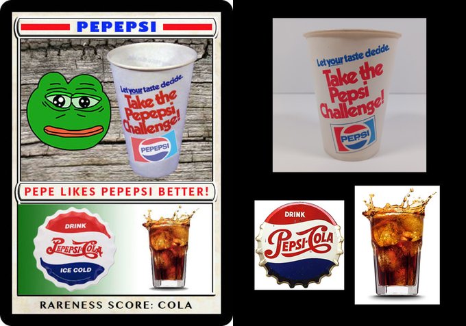 An advertisement for 'Take the Pepsi Challenge!' featuring a green Pepe the Frog character with text 'PEPE LIKES PEPSI BETTER!' and a 'RARENESS SCORE: COLA' label, alongside images of Pepsi-Cola cups and logos.