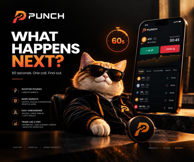 An advertisement for the 'PUNCH' trading platform featuring a cat in sunglasses and leather jacket, promoting 60-second trading rounds with text 'WHAT HAPPENS NEXT?' and lists crypto, stocks, and commodities markets.