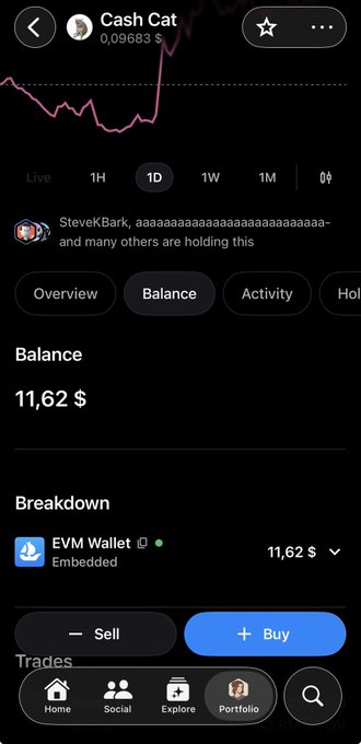 A mobile app screenshot displaying a cryptocurrency or token called 'Cash Cat' with a price of 0,09683 $ and a balance of 11,62 $ in an EVM Wallet.