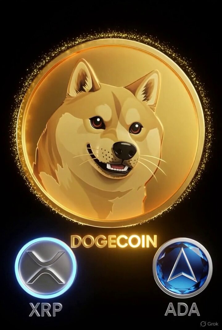 The image features a cartoon dog with a gold background, which is the main focus of the picture. The text "Dogecoin" is written above the dog's head, indicating that this is a reference to Dogecoin or a related cryptocurrency. Below the dog, there are two coins displayed - XRP and ADA. These coins have been mentioned in relation to the image, suggesting that they might be associated with the Dogecoin network or its growth.