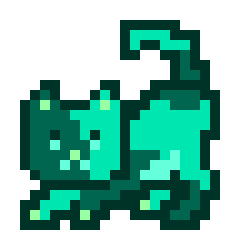 A small pixel-art sprite of a green, liquid-like creature with a wide mouth and claw-like appendage on a white background.