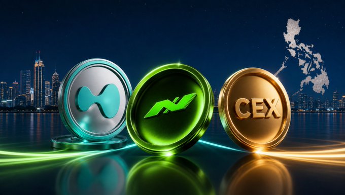 Three stylized coins featuring the Hyperliquid logo, an "N" symbol, and "CEX" stand against a nighttime cityscape with a Philippine map silhouette, visually tying the "$NXT" token's strategic expansion toward Hyperliquid and Southeast Asian crypto markets.