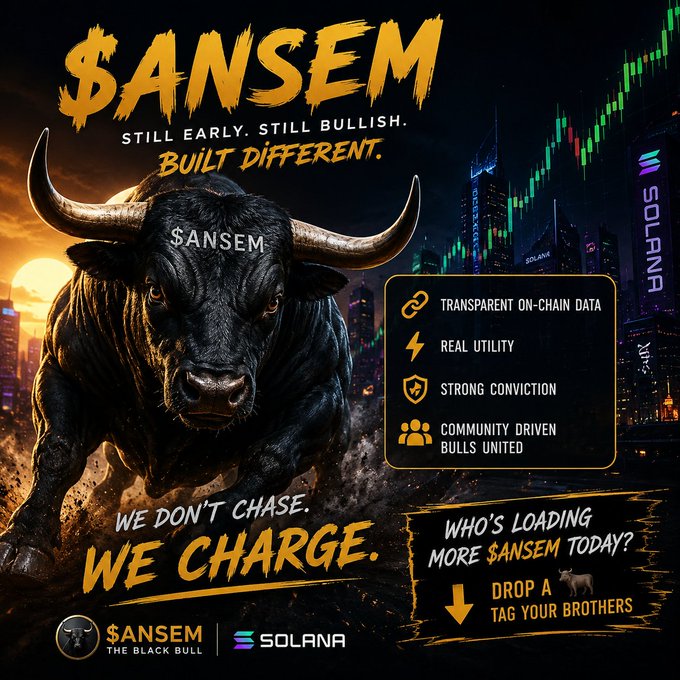 A promotional poster for '$ANSEM', a cryptocurrency on the Solana blockchain, featuring a charging black bull with the tagline 'WE DON'T CHASE. WE CHARGE.' and selling points including transparent on-chain data and real utility.