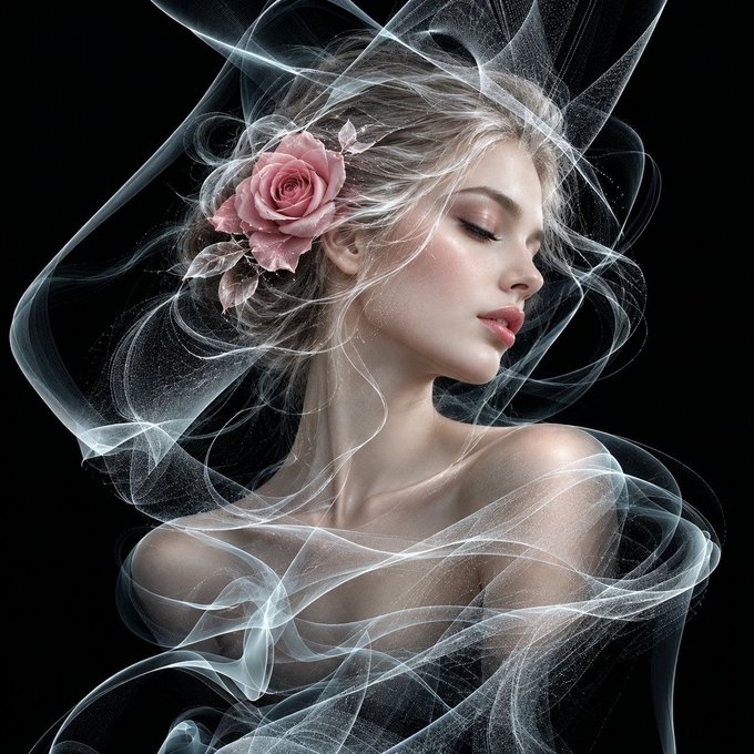 An artistic portrait of a woman with closed eyes, adorned with a pink rose in her hair, surrounded by flowing, ethereal smoke-like wisps against a black background.