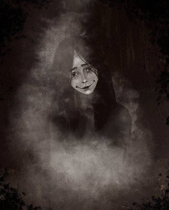 A dark, grungy, monochromatic portrait of a smiling hooded figure emerging from smoke and shadows with a distressed, textured overlay.