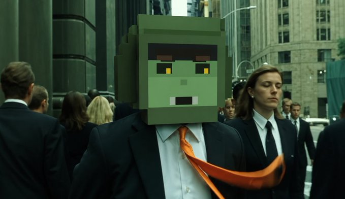 A figure with a Minecraft-style green block head, wearing a business suit and orange tie, stands amid a crowd of suited professionals in a corporate city setting—visually symbolizing the $SHER token's "red pill" meme reference to embracing its reality.
