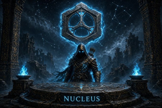 A dark, fantasy-themed digital artwork features a hooded figure with glowing blue eyes standing behind a stone altar inscribed with the word 'NUCLEUS'. A large, glowing blue hexagonal emblem hovers above the figure against a starry night sky and ruined structures.