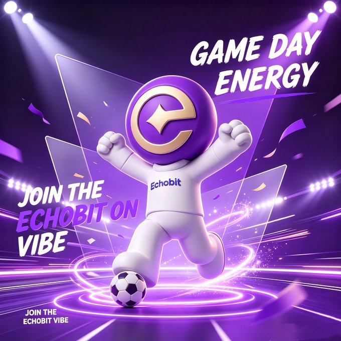 A vibrant purple promotional graphic features a 3D mascot character with an "e" logo head wearing an "Echobit" jersey, posed triumphantly with a soccer ball under stadium spotlights, with text reading "GAME DAY ENERGY," "JOIN THE ECHOBIT VIBE," and "JOIN THE ECHOBIT VIBE," tying into the World Cup emoji guessing contest by @EchobitExchange.