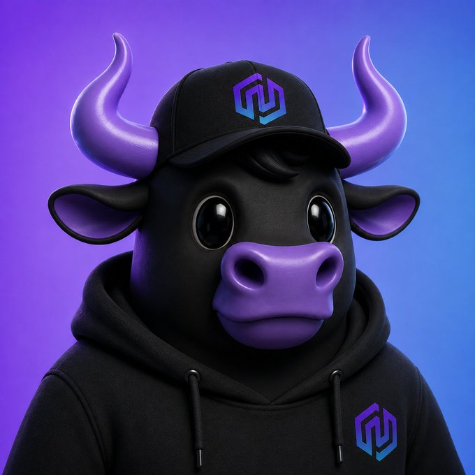 A cartoon black bull mascot wearing a black hoodie and cap—branded with a purple-and-blue logo—stares forward against a purple gradient background, fitting the post's "feeling bullish gm fam!" vibe.