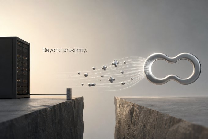 A conceptual advertisement shows a server rack on the left cliff edge transferring data across a gap to an infinity-shaped metallic symbol on the right cliff, with the tagline 'Beyond proximity.' displayed.