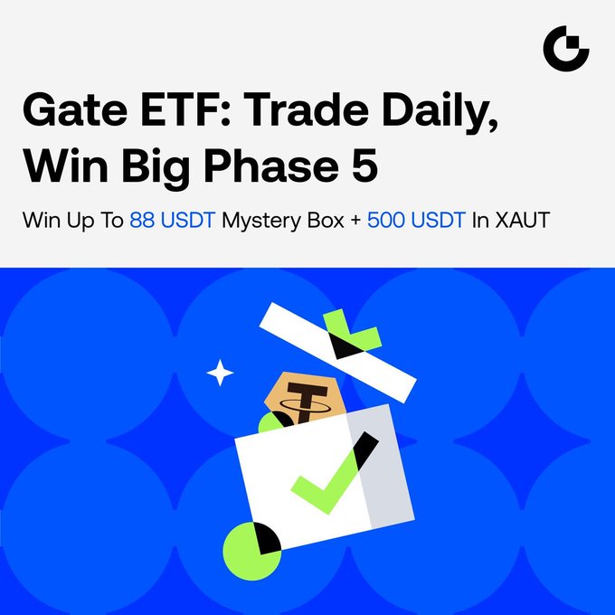 A promotional banner for "Gate ETF: Trade Daily, Win Big Phase 5," featuring the Gate.io logo and text offering prizes of "88 USDT Mystery Box + 500 USDT In XAUT" against a blue background with a checkmark, box, and stars graphic that visually reinforces the trading and winning theme of the post.