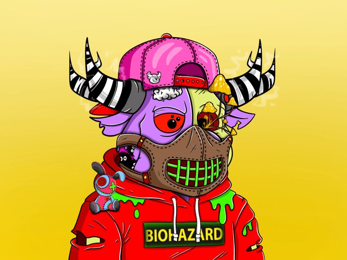A vibrant cartoon illustration of a horned, purple-skinned character wearing a pink baseball cap, a red 'BIOHAZARD' hoodie, and a brown mask with a green grille, holding a small toy.
