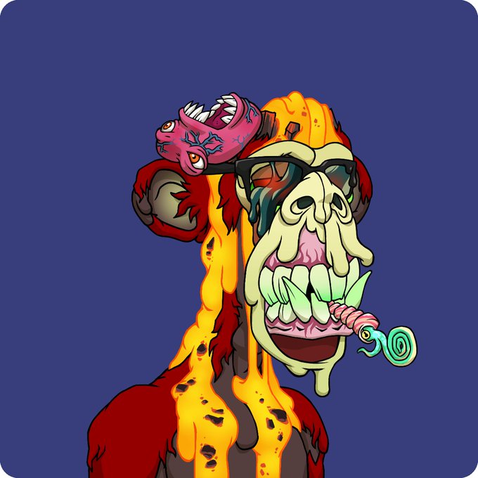 A vibrant, grotesque cartoon illustration of a melting, fire-covered ape wearing sunglasses with sharp teeth and a worm-like creature emerging from its mouth, set against a dark purple background.