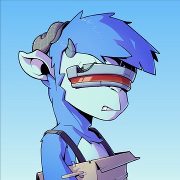 A cartoon/animated character illustration showing a blue-haired anthropomorphic pony with horns and a red visor, wearing a harness.
