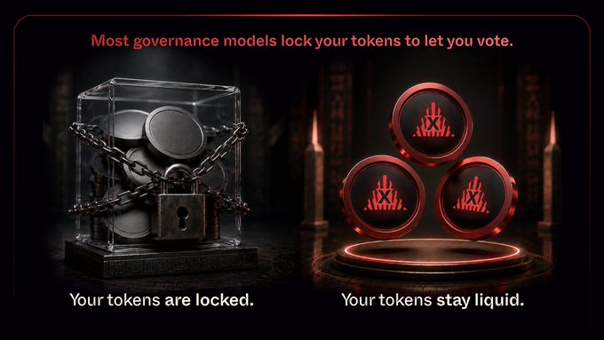 The image presents a side-by-side comparison: on the left, dark tokens are chained inside a locked glass case labeled "Your tokens are locked," while on the right, glowing red tokens marked with "xPHAR" float freely above "Your tokens stay liquid." The caption "Most governance models lock your tokens to let you vote" reinforces the contrast between traditional governance systems and xPHAR's liquid voting model.