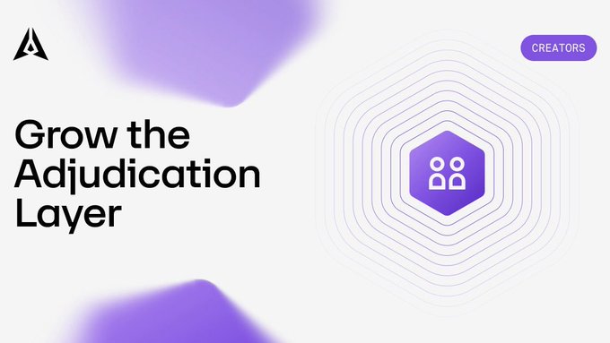 A promotional graphic featuring the text "Grow the Adjudication Layer" alongside a hexagonal icon representing human agency, signaling a focus on building trustless judgment for the agentic economy.