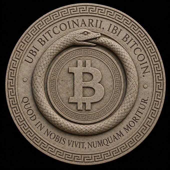 A stone-carved Bitcoin coin featuring the iconic ₿ symbol encircled by an ouroboros snake, with the Latin inscription 'UBI BITCOINARII, IBI BITCOIN. QUOD IN NOBIS VIVIT, NUMQUAM MORITUR.'