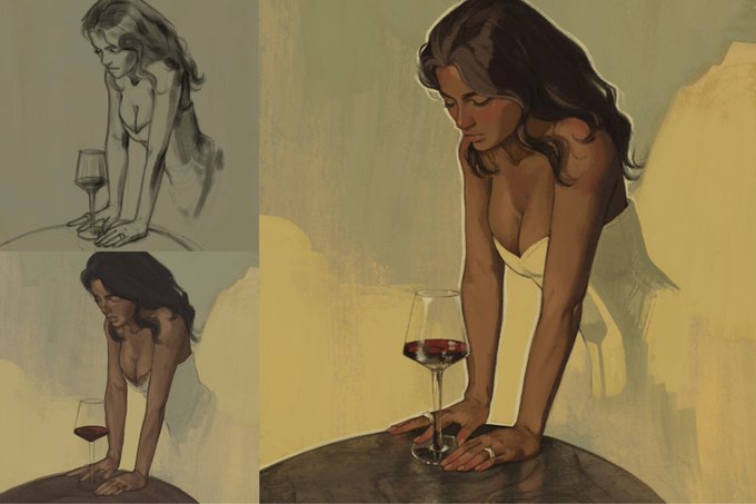 A digital painting featuring three variations of a woman leaning over a table with a wine glass.