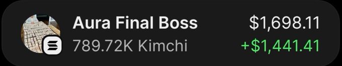 The image displays a wallet position showing "Aura Final Boss" with a current value of $1,698.11 (789.72K Kimchi) and an unrealized gain of +$1,441.41, representing one of the remaining holdings from the wallet that turned $5,210 into over $25,000 in profit on the Kimchi token.