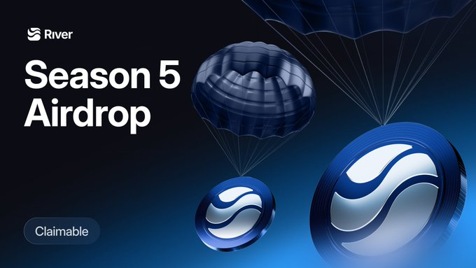 Dark promotional graphic for 'River' cryptocurrency announcing a 'Season 5 Airdrop' as 'Claimable,' featuring blue metallic coins and parachutes.