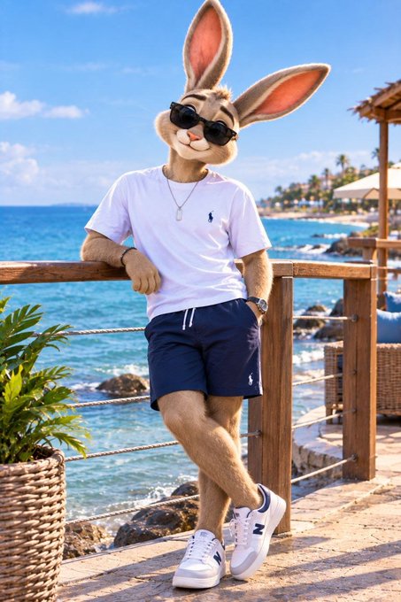 An anthropomorphic rabbit wearing sunglasses, a white polo shirt, and navy shorts leans against a wooden railing at a tropical seaside location.