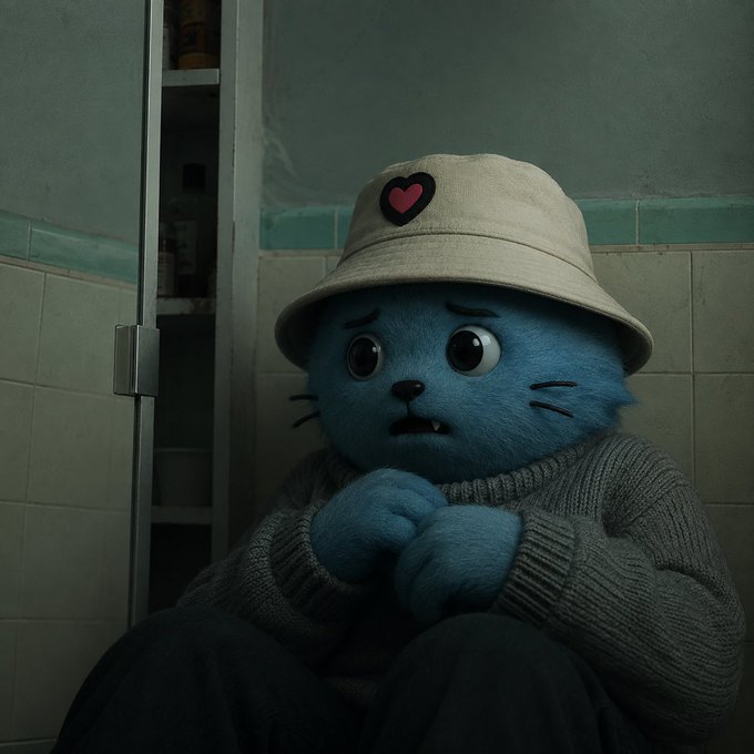 A blue cartoon cat character wearing a bucket hat with a pink heart and a chunky knit sweater, sitting with paws clasped together and a worried expression against green tiled walls.
