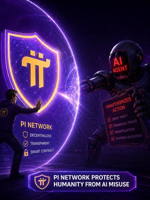 A promotional image for 'PI NETWORK' showing a person holding up a glowing shield against a robotic figure labeled 'AI AGENT', with a list of 'UNAUTHORIZED ACTION' threats (Data Theft, Financial Fraud, Manipulation, System Lockdown) and the tagline 'PI NETWORK PROTECTS HUMANITY FROM AI MISUSE'.