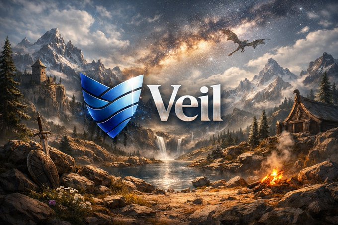The image is a fantasy landscape featuring a "Veil" logo (with a blue shield emblem) set against a dramatic scene of mountains, waterfalls, a dragon in a starry sky, a medieval tower, and a campfire beside a sword and shield. The caption could read: "Veil logo displayed over a fantastical landscape of mountains, a dragon, and a campfire, symbolizing the project's removal of crypto privacy's theatrical masks with real zero-knowledge technology."
