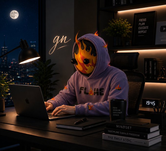 A person wearing a purple 'FLAME' hoodie and a flame-patterned mask works on a MacBook laptop at a desk at night, with motivational books, a 'FOCUS PLAN EXECUTE REPEAT' sign, and a moonlit cityscape visible through the window.