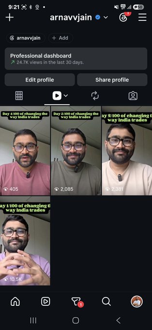 An Instagram profile for 'arnavvjain' showing 24.7K views in 30 days, with multiple short-form video posts titled 'Day 4/100 of changing the way India trades' featuring a man with glasses speaking to camera.