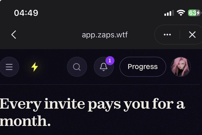 Screenshot of app.zaps.wtf showing text "Every invite pays you for a month." with a yellow lightning bolt icon and notification badges.