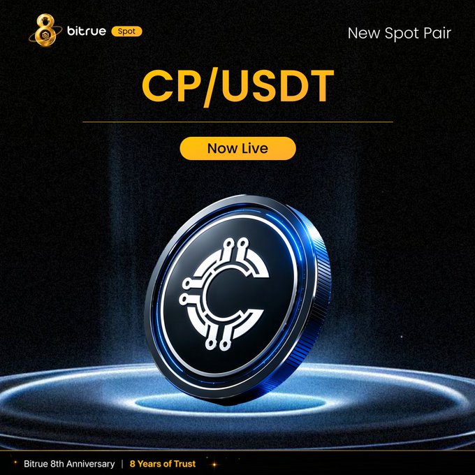Bitrue announces the launch of a new CP/USDT spot trading pair with a sleek promotional graphic featuring the "C" coin emblem and "Now Live" banner. The post celebrates Bitrue's 8th Anniversary ("8 Years of Trust") while inviting users to trade the token via the shared link.
