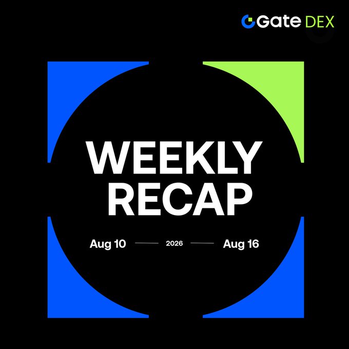 The image is a GateDEX Weekly Recap graphic for Aug 10–16, 2026, featuring bold white "WEEKLY RECAP" text centered within a black circle framed by blue and green quarter-circle accents, with the GateDEX logo in the top right corner—serving as a header for the week's update on new trading challenges, perpetual, and spot listings.