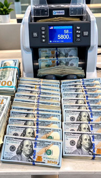 A RIBAO money-counting machine displays a total of 5,800 across 58 counted $100 bills, surrounded by neatly banded stacks of cash. The image reinforces the caption's boast of growing income by visually emphasizing large sums of counted money.