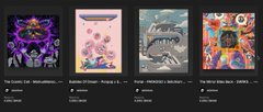 Four digital artwork thumbnails are displayed in a horizontal row, featuring distinct pieces titled "The Crystal Cat," "Blossom Dream," "Portal," and "The Mirror Bites Back - ETHER..." which align with the showcased SuperRare collaboration titled "The Mirror Bites Back" by @skitchism.