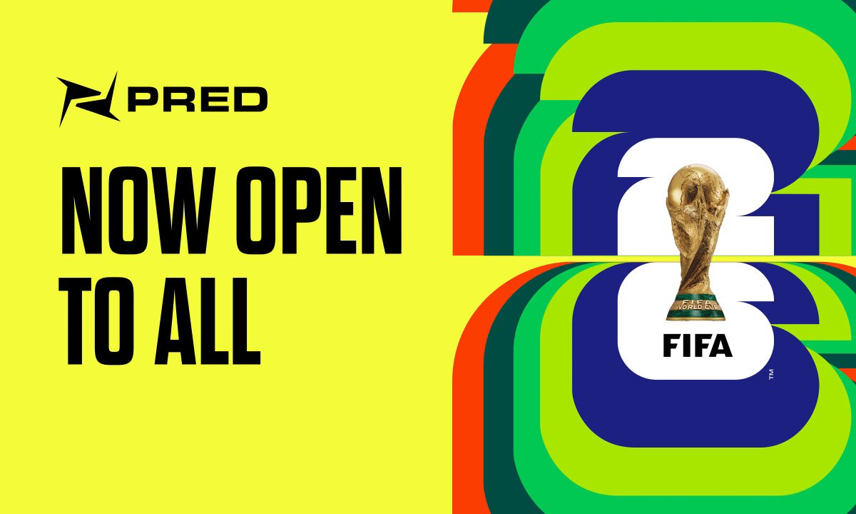 The main focus of the image is a poster or advertisement with the word "PRED" written across it. This implies that the product being advertised might be related to FIFA, possibly as a sponsor or related merchandise for soccer fans during the FIFA World Cup opening event. The other part of the image features the text "Now Open To All" and the logo of @base, which could represent a soccer-related brand or organization that is participating in the event. This suggests that PRED might be offering some sort of benefit or service related to the FIFA World Cup opening for fans who purchase or use their product during the event.