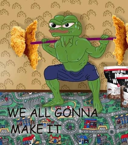 The image shows Pepe the Frog depicted as a muscular figure performing squats with a barbell made of fried chicken tenders, set against a play mat designed like a town map, with Tub Warehouse product boxes in the corner. Bold text reads "WE ALL GONNA MAKE IT," reinforcing the meme's message of imminent success and "tendies" profits, aligning with the post's confident bullish sentiment about "top coin" winning out over weaker bets.
