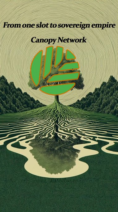 The image features an illustration of a tree with roots that spread out across a field. The tree's leaves are green, and there is a text overlay that reads "From one slot to sovereign empire Canopy Network". This suggests that the image is related to the concept of Canopy Network, which is a company that creates innovative solutions for blockchain technology.