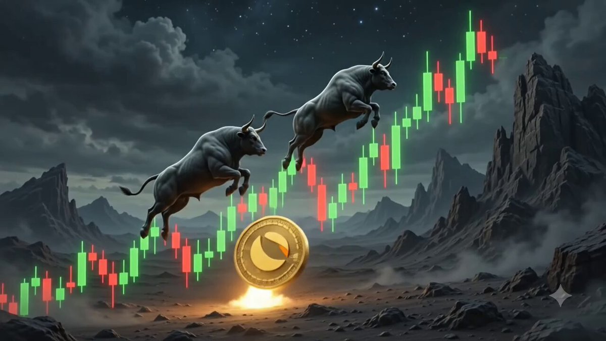 The image features two bulls jumping over a coin, with a mountain range in the background. The caption of the image reads "One pump can change your life $LUNC breakout could ignite the next rally Are you accumulating or waiting?". This suggests that the bulls are jumping over the coin to represent the bull market and its potential for growth, while the coin symbolizes the bearish market conditions. The phrase "Bullish" implies a positive outlook on the economy, while "Bearish" indicates a negative one.
