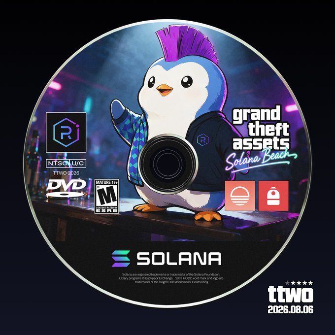 A digital illustration styled like a DVD disc titled 'grand theft assets Solana Beach', featuring a penguin character with a purple mohawk wearing a patterned jacket, complete with NTSC U/C and Solana branding.