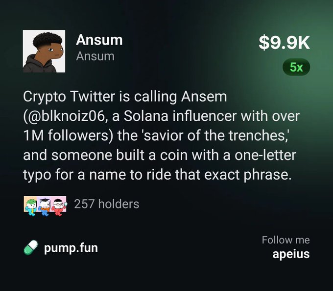 A pump.fun token profile for "Ansum" displays a $9.9K market cap with 5x gains and 257 holders, describing how Crypto Twitter dubbed Solana influencer @blknoiz06 the 'savior of the trenches'—leading someone to capitalize by naming their coin after a one-letter typo of his name, as referenced by the pump.fun/coin/3PsNkN4Pm link.
