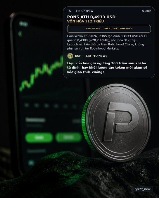 A crypto news graphic showing PONS ATH at 0.4933 USD with 312 trillion market cap on a CoinGecko 1/9/2026 report, displayed alongside a phone showing a green chart and a P token coin.