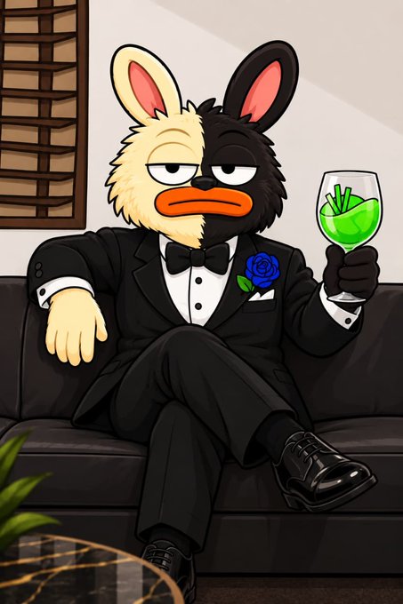 A tuxedo-wearing half-black, half-cream rabbit lounges on a dark couch holding a green cocktail, projecting a sophisticated "to the moon" vibe that matches the flashy $BORO presale promotion. The bunny's split-colored fur mirrors the bullish/divided sentiment of memecoin hype, while the rose boutonnière and glass of "liquid gains" playfully reinforce the celebratory crypto launch.