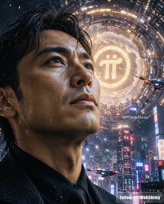 A man gazes upward with a contemplative expression against a futuristic cityscape featuring a glowing Pi (π) symbol emblem overhead. The accompanying quote expresses pride in belonging to the Pi community, which the image visually reinforces through the prominent Pi logo representing unity and shared purpose among its members.