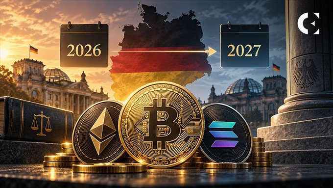 A digital graphic showing cryptocurrency coins (Bitcoin, Ethereum, and Solana) with calendars displaying '2026' and '2027', a Germany map silhouette in German flag colors, and a German eagle emblem against a backdrop of Berlin landmarks.